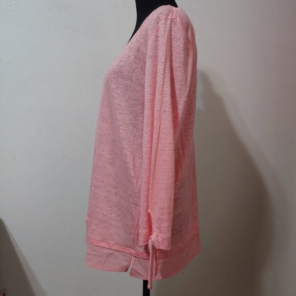 Sanctuary 100% Linen Blouse 3/4 Tie Sleeve Sheer Trim V Neck - Picture 2 of 7